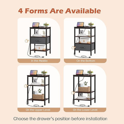 SUPERJARE Nightstand Set of 2, Bed Side Tables with Charging Station, Adjustable Fabric Drawer, Night Stand for Bedroom, 3-Tier Storage End Tables, Walnut