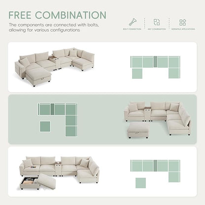 Merax 140'' Oversized Modular Sectional Sofa with Storage Ottoman and Console, Removable Storage Pockets, Cup Holder, Wide Seat, USB Charger, 6 Seat U Shaped Chenille Couch Set for Living Room, Beige