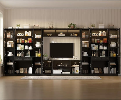 4-Piece Wall Unit TV Stand with Storage & LED Lights for TVs up to 75", Modern Entertainment Center with Bookshelves & 8-Door Pantry Cabinet, White Black