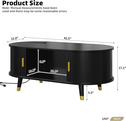 Mid-Century Fluted Oval Coffee Table with 360° Tambour Doors, Hidden Storage, Solid Wood Legs & 2 AC+2 USB Charging Station, Modern Coffee Table for Living Room, Apartment, Black