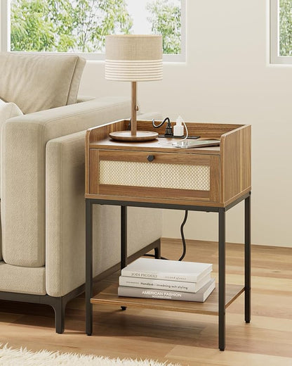 Nightstand with Charging Station,3-Tier Bedside Table for Small Space,Modern Night Stand with Storage Drawer and Shelf,Small Side Table for Bedroom,Living Room,Walnut Brown