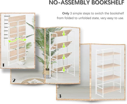 4NM No Assembly 4 Tiers Book Shelves, White Folding Bookshelf Bookcase Open Industrial Foldable Shelves for Bedroom, Living Room, Home Office - Natural White