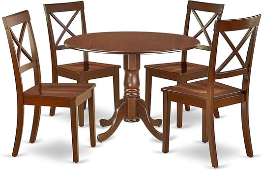East West Furniture DLBO5-MAH-W 5 Piece Dining Room Table Set Includes a Round Dining Table with Dropleaf and 4 Wood Seat Chairs, 42x42 Inch, Mahogany