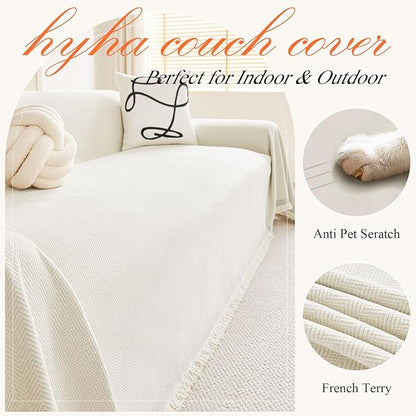 hyha Couch Cover for Dogs, Boho Sofa Covers for 3 Cushion Couch Washable, Chenille Sofa Slipcover for Pets, Soft Loveseat Sectional Couch Throw Blankets with Tassels (Beige, 88.5x134 Inch)