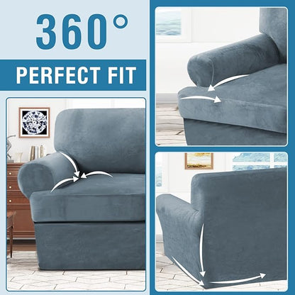 H.VERSAILTEX Sofa Cover 2 Piece T Cushion Armchair Slipcovers Thick Velvet Couch Cover Furniture Protector Stretch T Cushion Sofa Covers for 1 Cushion Couch with 1 T Cushion Covers, Stone Blue