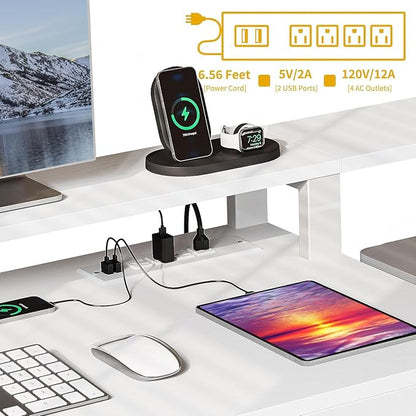 DWVO L Shaped Desk with Drawers, 65" Computer Desk with Power Outlets & LED Lights, Corner Home Office Desk with Storage Shelves & Printer Stand, White