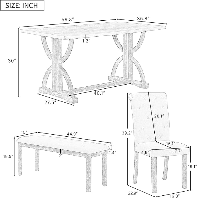 SogesPower 6-Piece Dining Table Set, Rectangular Farmhouse Kitchen Dining Table Set with 4 Upholstered Chairs & 1 Bench, Retro Kitchen Table Set for 4-6 for Dining Room Living Room, Gray Wash