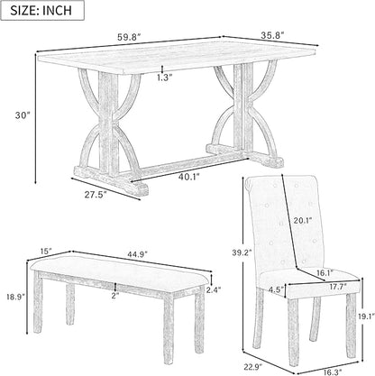 SogesPower 6-Piece Dining Table Set, Rectangular Farmhouse Kitchen Dining Table Set with 4 Upholstered Chairs & 1 Bench, Retro Kitchen Table Set for 4-6 for Dining Room Living Room, Gray Wash