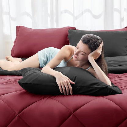 HEVUMYI Red & Black Twin-XL Comforter Set - 5-Piece All Season Bed in a Bag Twin-XL, Ultra Soft Bedding Set with Burgundy Comforter, Flat Sheet, Fitted Sheet, Pillowcases, Pillow Shams
