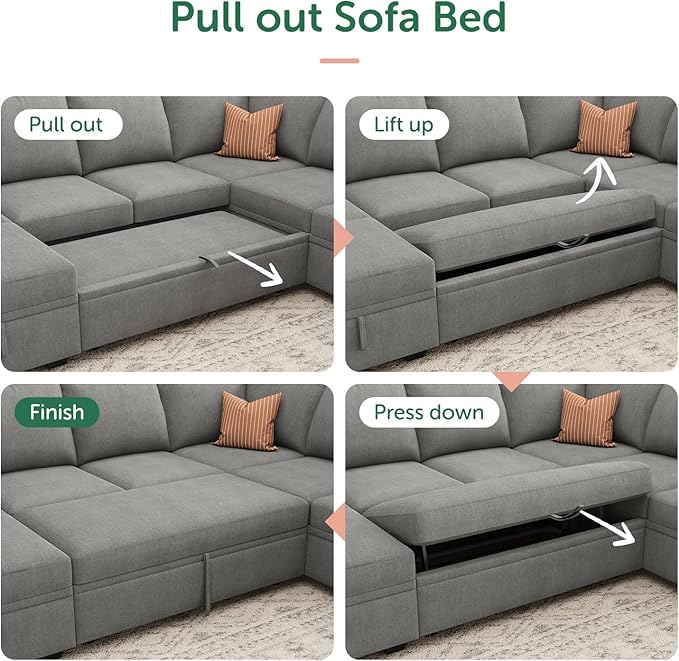 HONBAY Modular Sectional Sleeper Sofa with Pull Out Bed, Chenille L Shaped Couch with Storage Seats, Convertible Sectional Couches for Living Room, Warm Grey