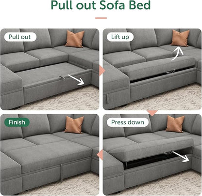HONBAY Modular Sectional Sleeper Sofa with Pull Out Bed, Chenille L Shaped Couch with Storage Seats, Convertible Sectional Couches for Living Room, Warm Grey