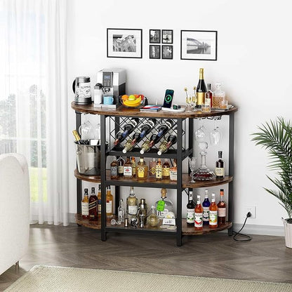 Zarler Bar Cart with Power Outlet Easy to Assemble, LED Home Bar Cabinet for Liquor, 47.3" L x 15.8" D x 36" H Metal Mini Bar Table with 4-Tier Storage, Brown