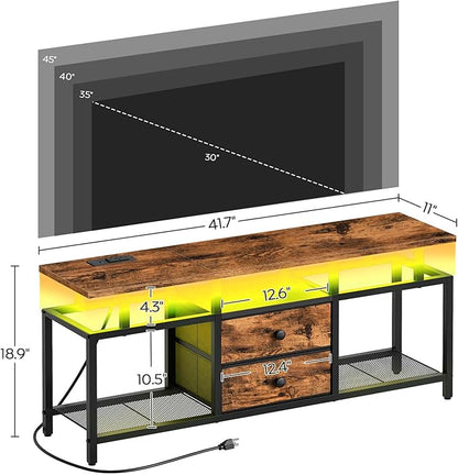 TV Stand with LED Light and Power Outlets, Entertainment Center with Fabric Drawers and Open Shelves, 41.7" TV Cabinet for TVs up to 45 Inch, Media Console for Living Room, Brown DS03UDBR