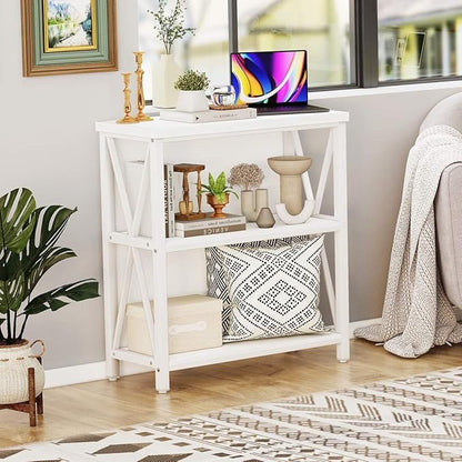 FATORRI Small Bookshelf for Small Space, Short Rustic Low Bookcase, Modern Wood and Metal Book Shelf and Narrow Book Case for Living Room, Hallway (White Oak)