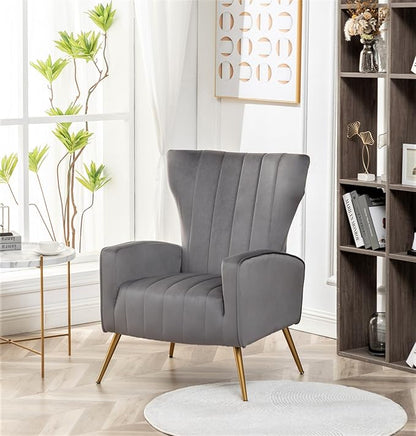 Container Furniture Direct Modern Velvet Accent Chair, Channel Tufted Bedroom, Office or Living Room Furniture with Elegant Metal Legs, 26" Wide Armchair, Grey