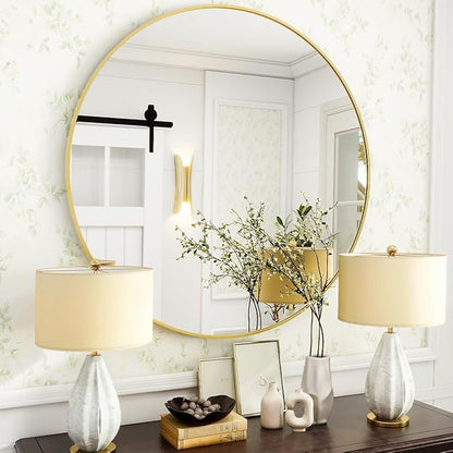 Gold Round Bathroom Mirror, 30 inch Circle Wall Mounted Hanging Mirror with Simple Modern Circular Metal Frame for Hallway, Entryway, Living Room, Gold Frame