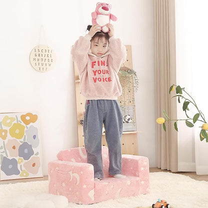 Welnow Toddler Chair, 2-in-1 Soft Sherpa Kids Sofa, Convertible Toddler Couch Lounger, Flip Out Kids Couch Chair with Side Pockets & Removable Cover for Girls and Boys, Pink Moon