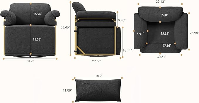 KEIKI Modern Comfy Swivel Accent Reading Chair with Waist Pillows, 360°Square Upholstered Barrel Armchair Single Club Lounge Sofa Chairs for Living Room,Bedroom,Office,Black