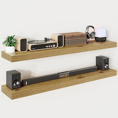 Heimlove 55 Inch Long Floating Shelves for Wall,9.3" Deep Oak Floating Shelves Set of 2,Large Display Shelf & Storage Shelf,Wall Mounted Shelves for Bedroom Living Room Kitchen Office
