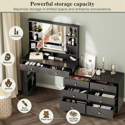 Large Makeup Vanity Desk with Mirror and Lights, Vanity Desk with 8 Drawers & Storage Shelves, Vanity Table with Power Outlet, 3 Color Modes & Adjustable Brightness Dressing Table, Bedroom,Black