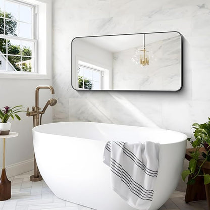 BONEWEI 24x48 inch Bathroom Mirror,Black Rectangle Mirror,Wall Mounted Bathroom Frame Vanity Mirror with Round Corner for Bedroom Living Room, Entryway Hangs Horizontal or Vertical