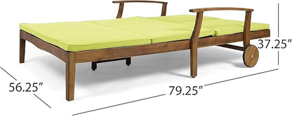 GDFStudio Samantha Double Chaise Lounge for Yard and Patio, Acacia Wood Frame, Teak Finish with Green Cushions, (307567)