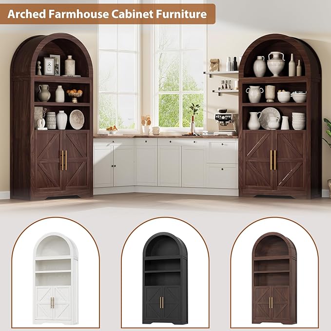 Arched Bookshelf Bookcase China Pantry Storage Cabinet with Doors and Shelves,Kitchen Pantry Cabinet,71“ Tall Food Pantry Furniture for Living Room, Dining Room (Brown)