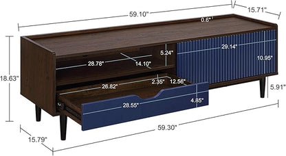 Manhattan Comfort Duane Modern Ribbed 55 Inch TV Stand with 1 Drawer, 2 Shelves, Sliding Door, and Wire Management, Mid-Century Style Entertainment Center and Media Console for Living Room, Navy Blue