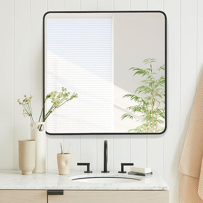 36x36 Inch Rectangle Bathroom Mirror with Black Metal Frame, Rounded Corner Rectangular Vanity Mirror for Wall, Modern Large for Bedroom, Living Room, Horizontal or Vertical