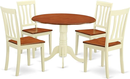 East West Furniture DLAN5-BMK-W 5 Piece Kitchen Table & Chairs Set Includes a Round Dining Room Table with Dropleaf and 4 Solid Wood Seat Chairs, 42x42 Inch, Buttermilk & Cherry