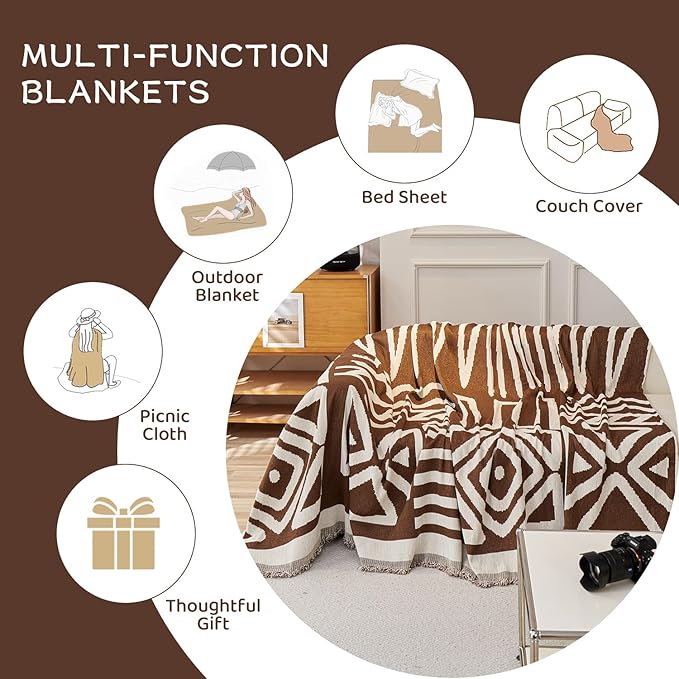 STACYPIK Boho Chenille Sofa Covers, Chocolate Geometric Couch Cover for Sectional, L Shape Couch Protector for 3 Cushion Couch, Non Slip Jacquard Sofa Protector for Loveseat with Tassles-71X118IN