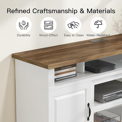 Marsail Modern Farmhouse TV Stand, Entertainment Center with Storage Cabinets, Adjustable Shelves and Power Outlets for Televisions up to 80 Inch, TV Console Table for Living Room, Brown&White