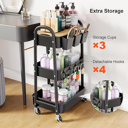 3 Tier Metal Rolling Cart with Wheels and Wooden Table Top, Three Tiered Craft Cart Organizer on Wheels, Black Storage Utility Carts for Art, Diaper Caddy, Baby Nursery, Office, Laundry, Snack, Book