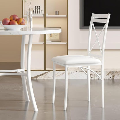 VECELO Metal Dining Chairs Set of 4, Steel Legs and PU Leather Cushion Seats for Kitchen, Living Room, White