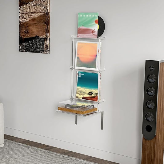 HMYHUM Wall Mounted Acrylic Record Player Stand, Clear Floating Record Player Table with Vinyl Storage, Modern, 15.6" L x 11.6" W x 40.2" H