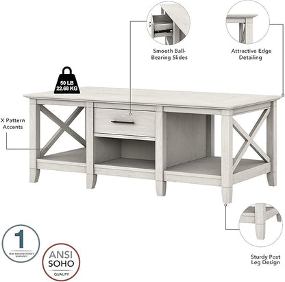 Bush Furniture Key West Coffee Table with Set of 2 End Tables in Linen White Oak