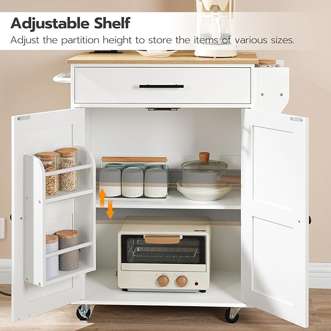HOOBRO Kitchen Island with Power Outlet, Kitchen Storage Island with Large Worktop, Spice Rack and Drawer, Rolling Island on Wheels, for Dining Room, White and Natural