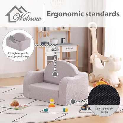 Welnow Kids Sofa, 2-in-1 Soft Sherpa Toddler Chair, Convertible Toddler Couch Lounger, Flip Out Kids Couch Chair with Side Pockets & Removable Cover for Girls and Boys, Grey