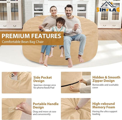 5FT Bean Bag Chair, Large Bean Bag Chairs with Memory Foam Filled, Fluffy Beanbag Sofa with Dutch Velvet Cover, Round BeanBag Chairs for Living Room, Playroom - Khaki