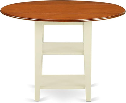 East West Furniture SUPL3-BMK-C 3 Piece Dining Table Set Contains a Round Dining Room Table with Dropleaf & Shelves and 2 Linen Fabric Upholstered Chairs, 42x42 Inch, Buttermilk & Cherry