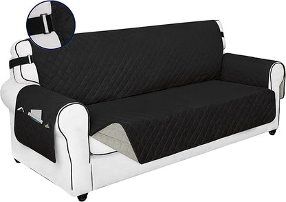 PureFit Reversible Sofa Couch Cover Water Resistant Couch Covers for 3 Cushion, Washable Furniture Cover with Non-Slip Foam and Adjustable Strap for Dogs, Pets (Oversized Sofa, Black/Beige)
