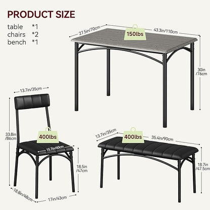 GAOMON Dining Table Set for 4 with Upholstered Bench and 2 Chairs, Rectangular Dining Room Table Set for 4 for Small Space, Apartment, Dinner, Rustic Gray