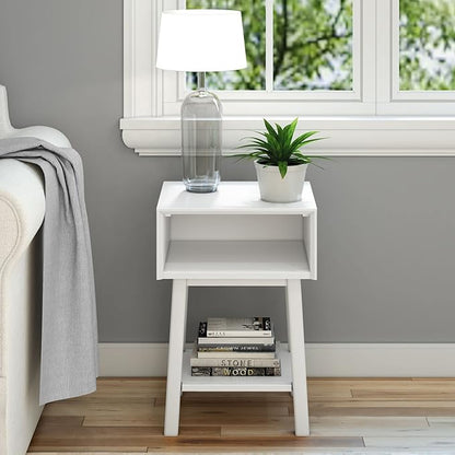 Plank+Beam Wooden Side Table with Cubby Storage Shelf, Mid Century Modern End Tables for Living Room, Small Solid Wood Nightstand, Bedside Tables, Bedroom Furniture, White