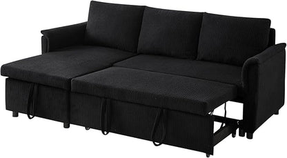 Ball & Cast L-Shape Reversible Sectional Sleeper Sofa Bed 4 in 1 Pull Out Couch with Storage Chaise&Removable Backrest,Convertible Sleeper Corner Couch Pull-Out Sofa Bed for Living Room,Corduroy,Black