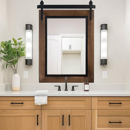 YOSHOOT Farmhouse Barn Door Mirror, 32"x24" Rustic Bathroom Mirror, Wood Frame Wall Mirror, Wooden Mirror for Living Room Bedroom Entryway Wall Décor, Vertical Hanging ONLY