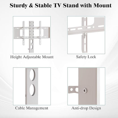 63" W TV Stand with Mount for 55,65,75" TV,Entertainment Center with Power Outlet and Led Lights,Height Adjustable TV Console Table with Open Storage Shelves and Fabric Drawers (White, 63" W)
