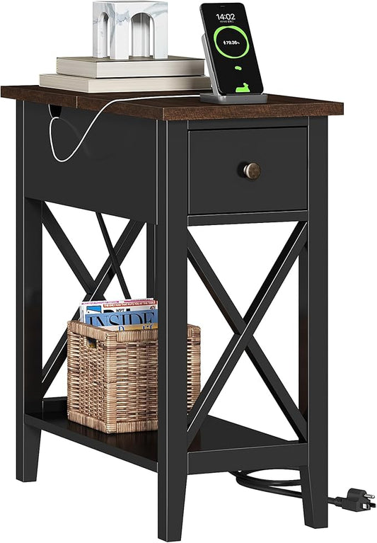 ChooChoo End Table with Charging Station, Accent Small Side Table Nightstand for Living Room, Bedroom, and Small Spaces, Rustic Black