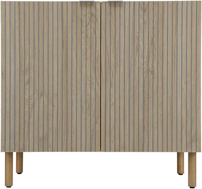 Sango Merk 2-Door Cabinet, Modern Brown Storage Cabinet with Vertical Groove Doors, Adjustable Shelf, Cylindrical Wood Legs, Discreet Metal Finger Pulls, Stylish Furniture for Living or Dining Room