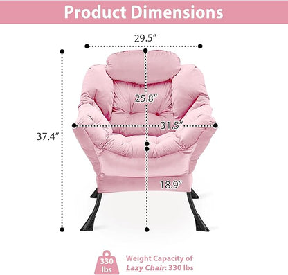 Lazy Chair Thick Padded, Comfy Velvet Accent Lounge Chair with Stable Frame, Leisure Sofa Armchair with Armrests and Side Pocket, Reading Chair for Bedroom, Living Room, Office, Pink