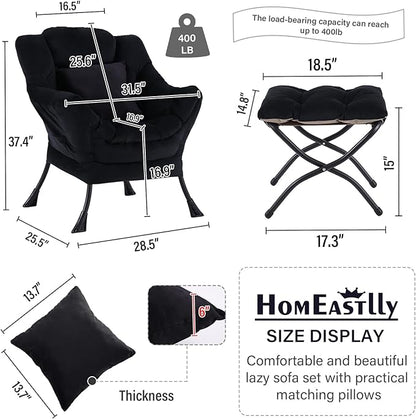 Lazy Chair with Ottoman, Modern Lounge Accent Chair with a Pillow, Leisure Sofa Armchair Set, Reading Chair with Footrest for Living Room, Bedroom, Dorm Room, Office, Velvet Black